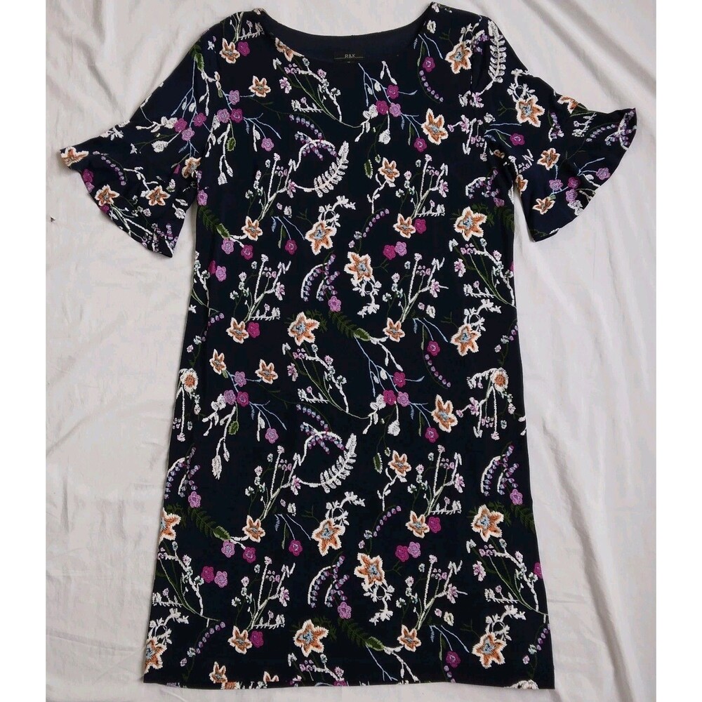R & K Dress Navy Floral Print Flutter Sleeve Stretch Career Casual Women's 12